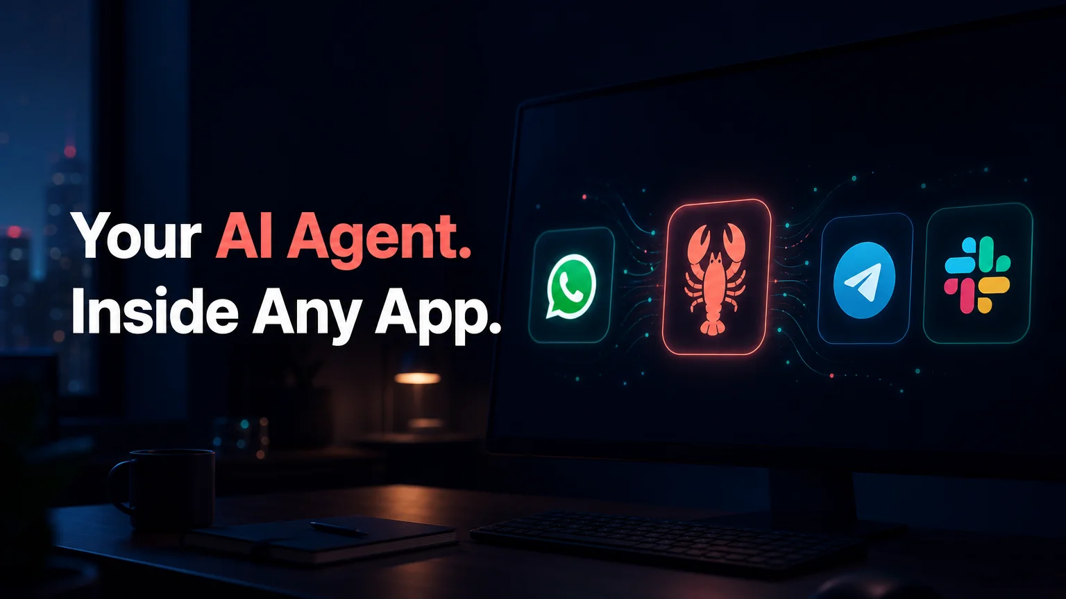 OpenClawHQ explainer of how does openclaw work: lobster agent icon linking WhatsApp, Telegram and Slack