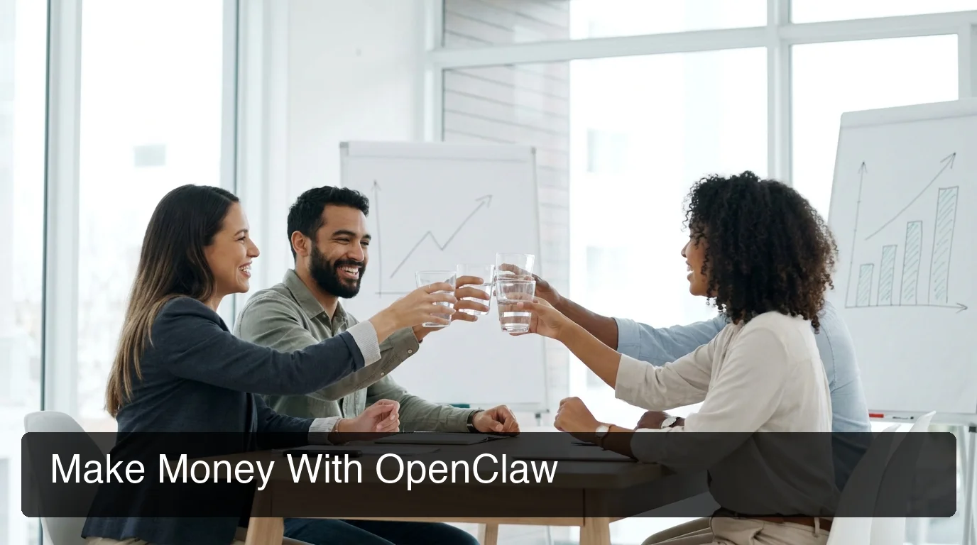how to make money with openclaw showing diverse entrepreneurs celebrating business growth with upward charts in a modern office