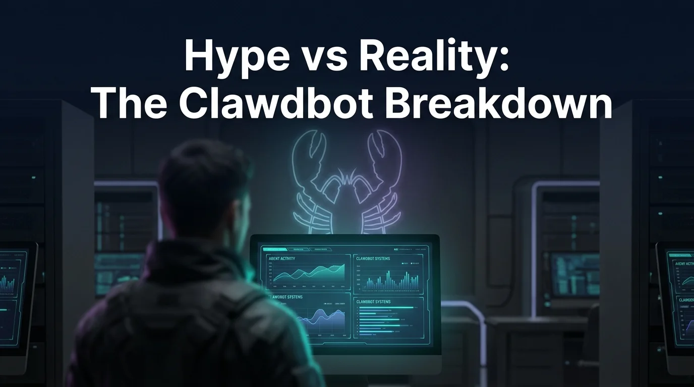 OpenClawHQ is clawdbot overhyped hero showing a skeptical user reviewing agent activity on a dark terminal screen