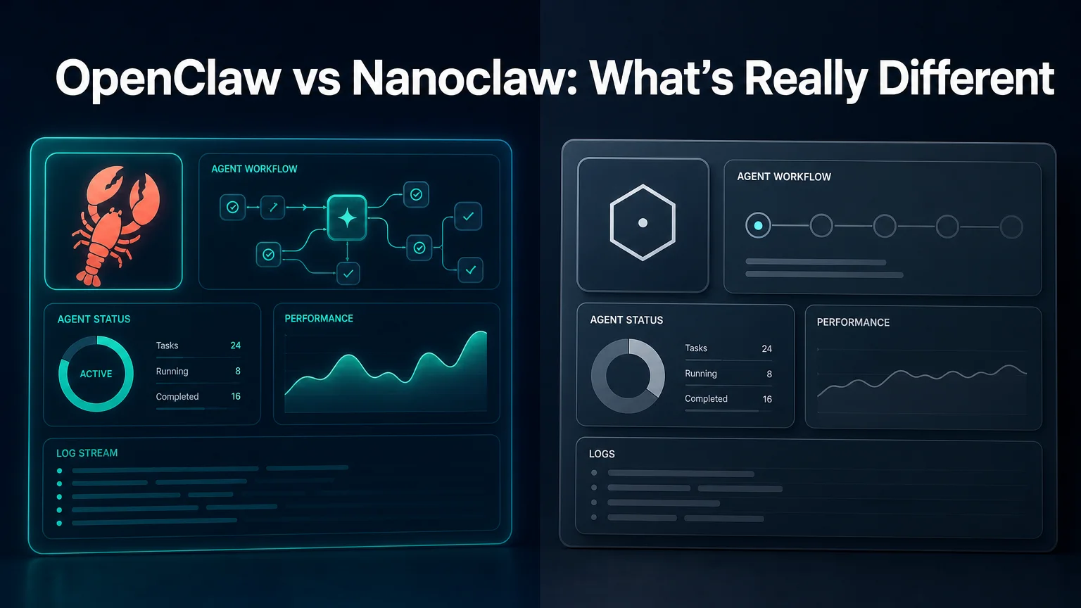 OpenClawHQ is nanoclaw better than openclaw comparison showing two AI agent dashboards side by side