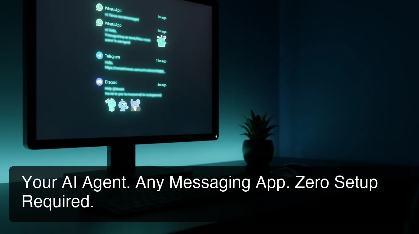 OpenClaw AI agent running inside messaging apps showing dark terminal interface with neon teal notifications on a minimal desk setup