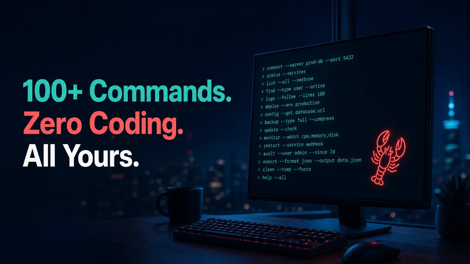 OpenClawHQ openclaw commands terminal screen with glowing lobster and the text 100+ Commands. Zero Coding. All Yours.