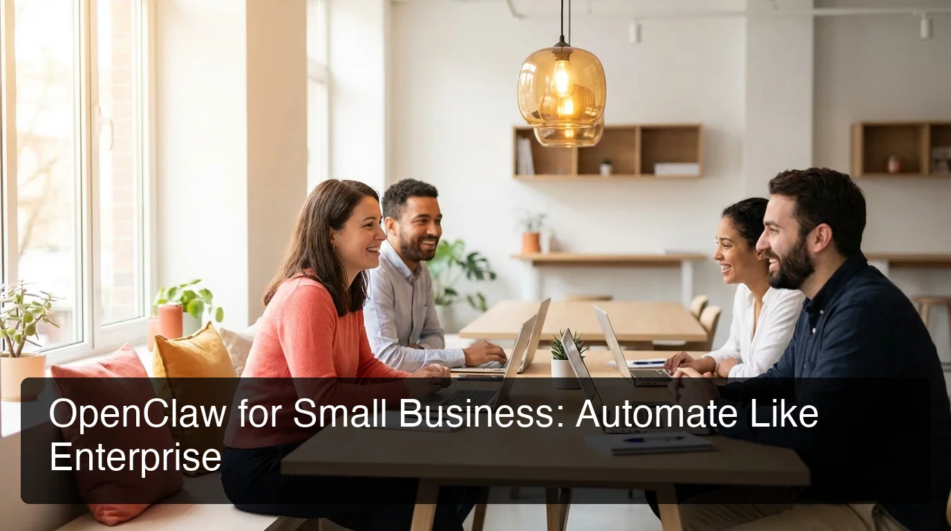 OpenClawHQ openclaw for small business showing team collaborating around table with laptops