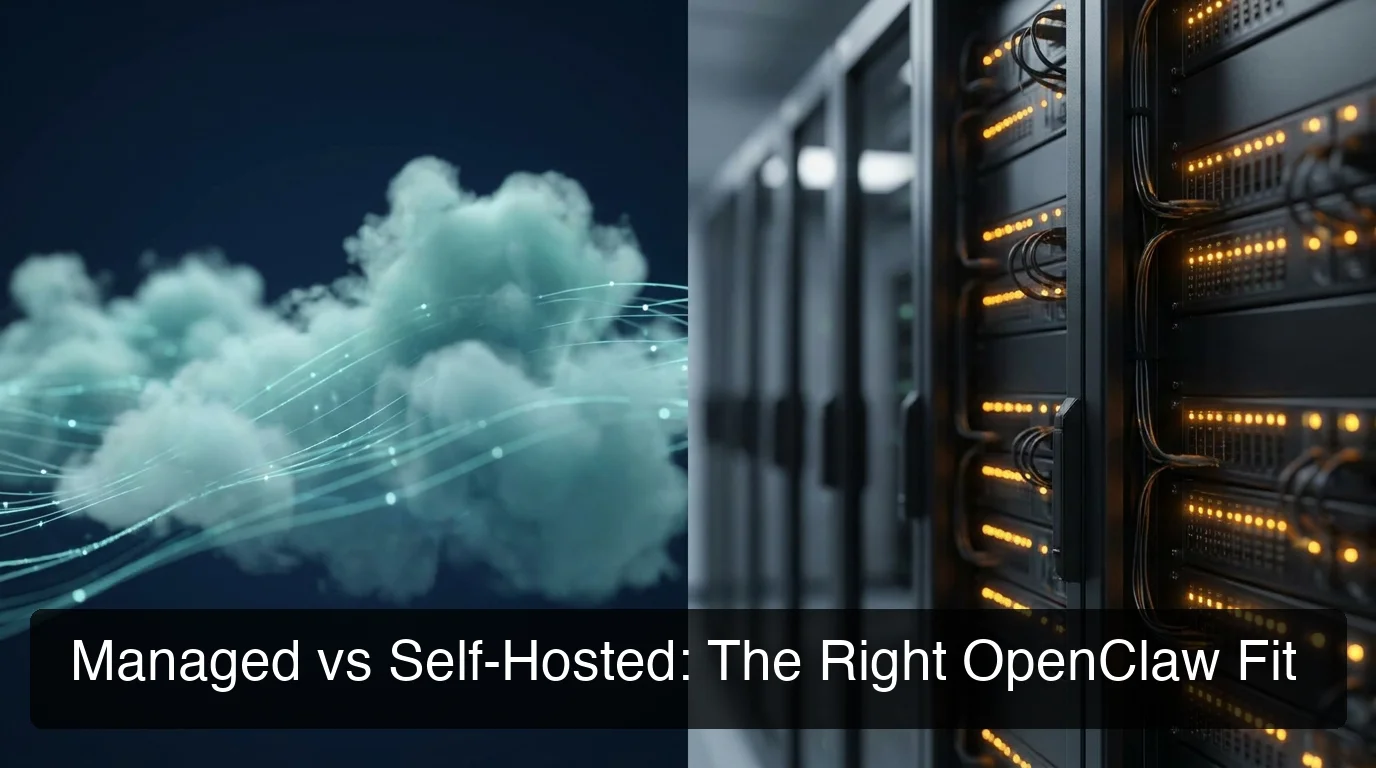 OpenClaw managed vs self hosted deployment comparison showing cloud infrastructure and server setup side by side