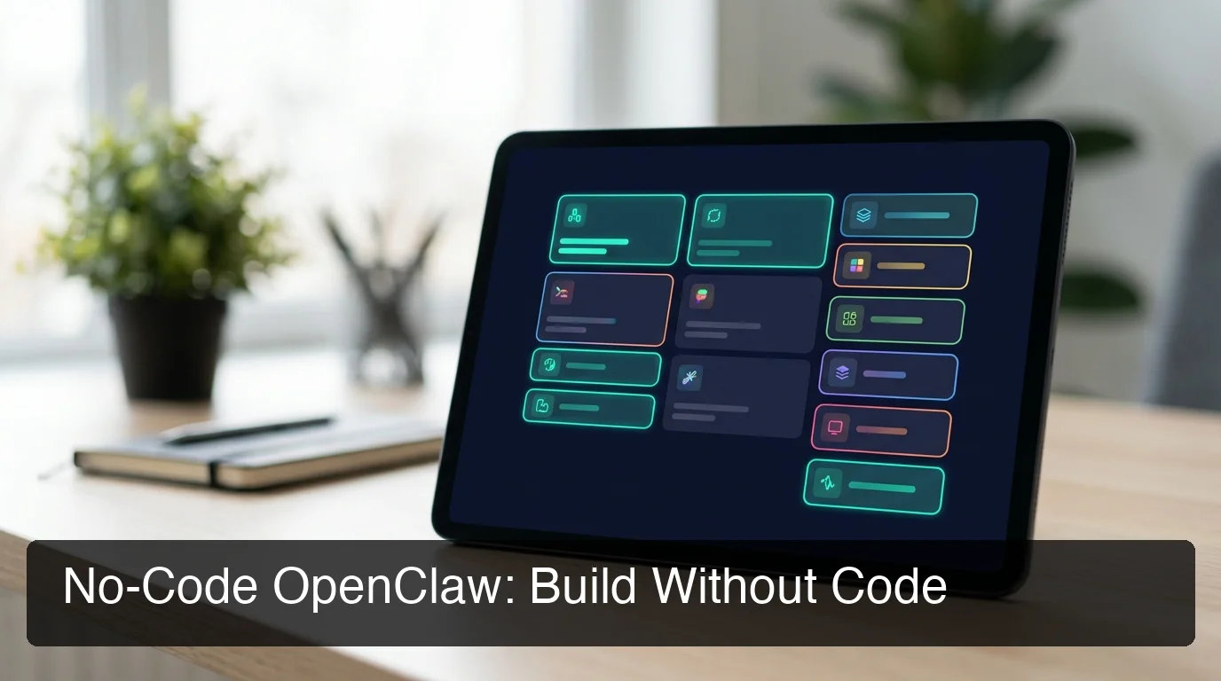 OpenClaw no code setup showing visual workflow builder on modern dashboard