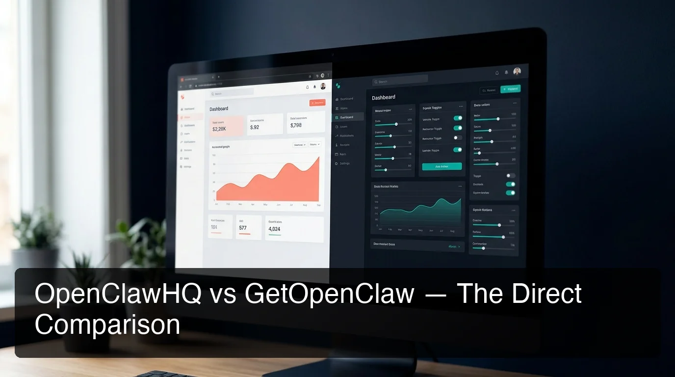 openclaw vs getopenclaw direct comparison showing two managed hosting interfaces side-by-side with coral and teal accents on dark background