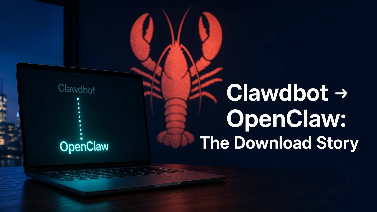OpenClawHQ clawdbot download story: laptop showing Clawdbot becoming OpenClaw beside a glowing red lobster mascot