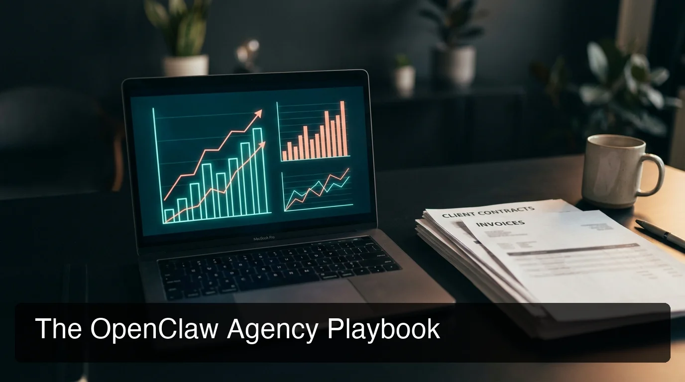 OpenClawHQ agency playbook hero showing a laptop with growth charts and client contracts on a dark workspace desk