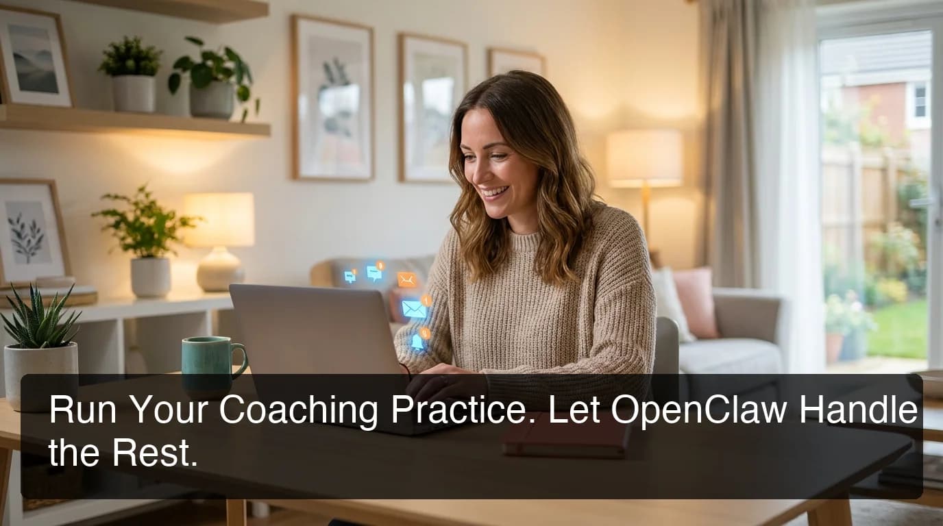 OpenClaw for coaches showing coach managing multiple clients via messaging app on laptop in warm home office