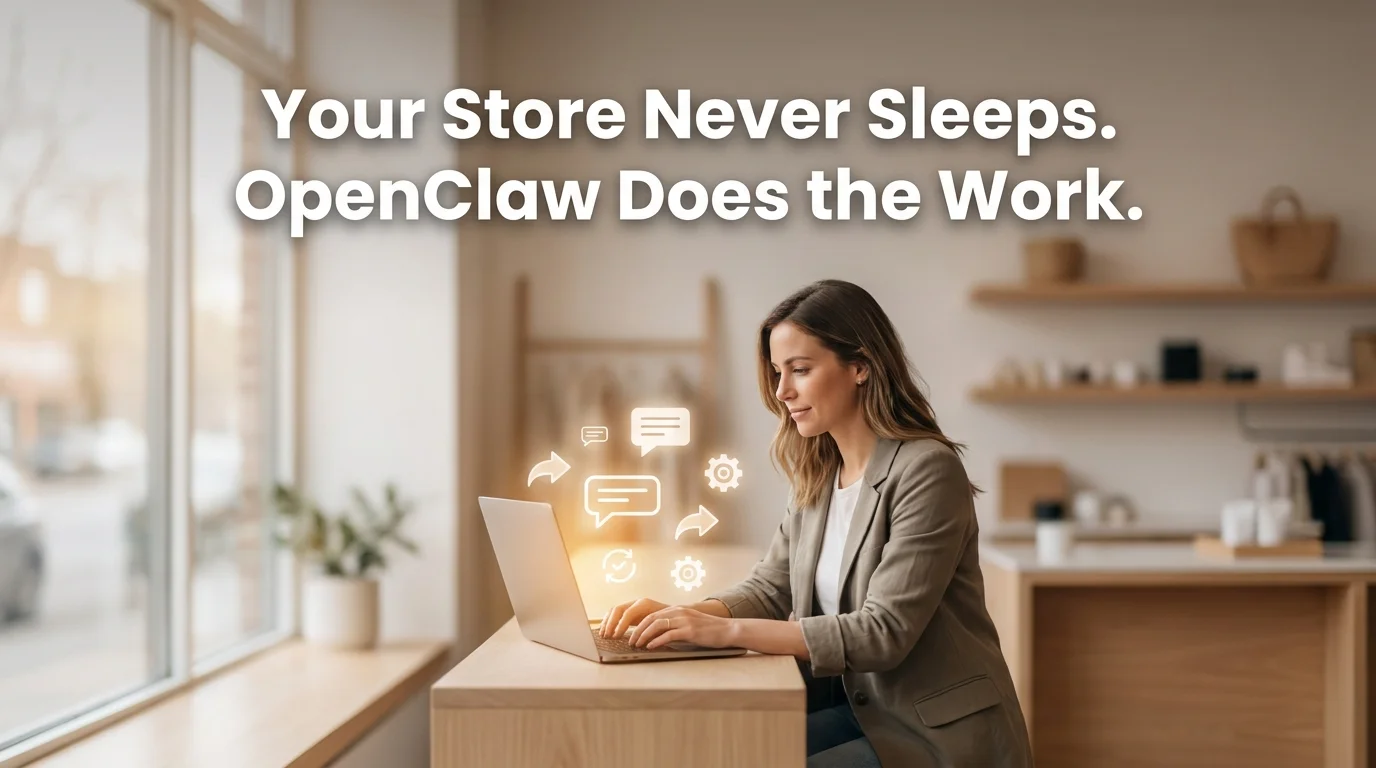 OpenClaw for ecommerce automation showing a store owner's laptop handling customer messages automatically