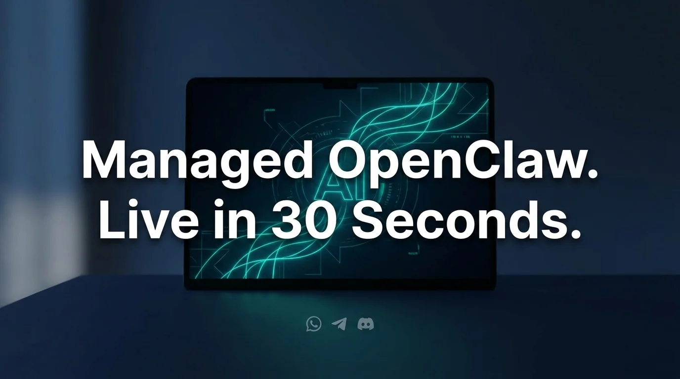 OpenClaw hosted dashboard glowing on a screen with WhatsApp, Telegram, and Discord icons below it