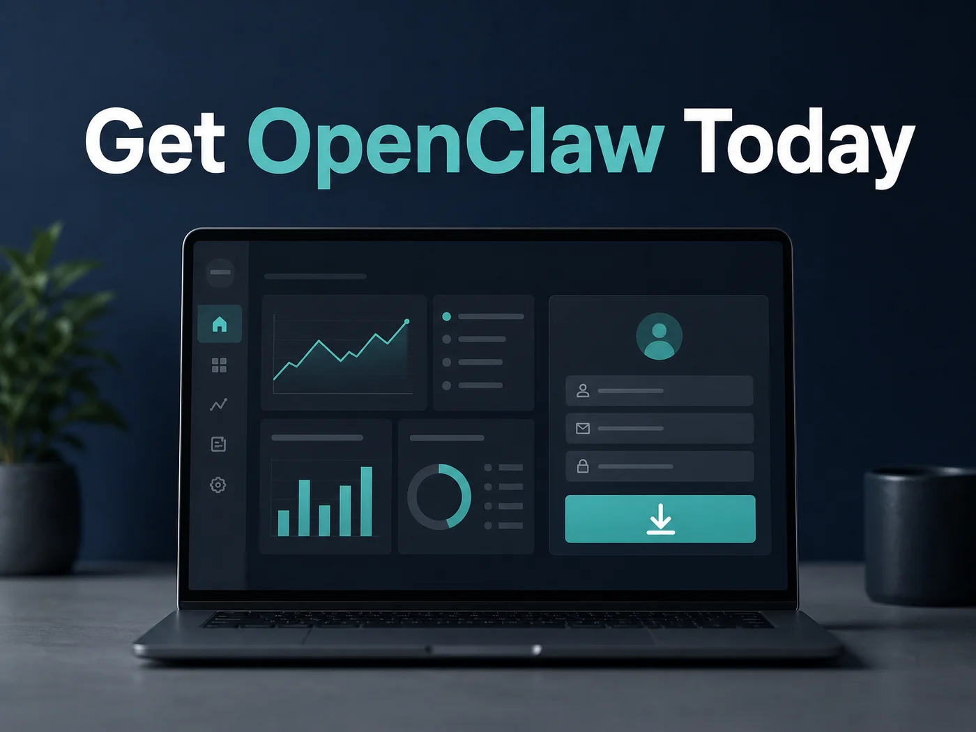 OpenClawHQ get OpenClaw today illustration of a dark laptop dashboard with a teal download button