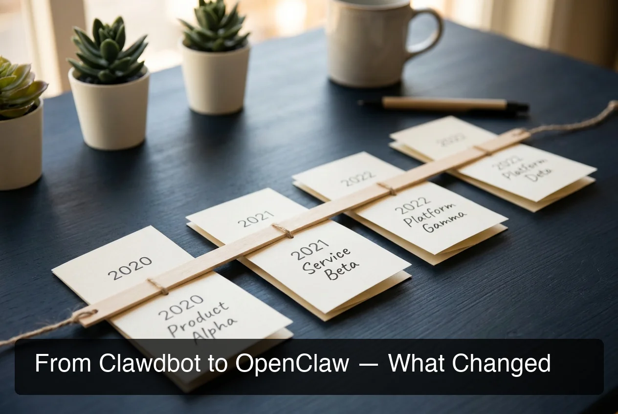 OpenClaw historical naming timeline showing Clawdbot name variants across product versions