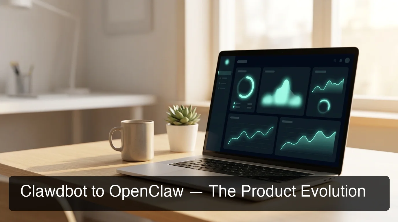 Clawdbot to OpenClaw evolution showing AI automation workspace and product dashboard
