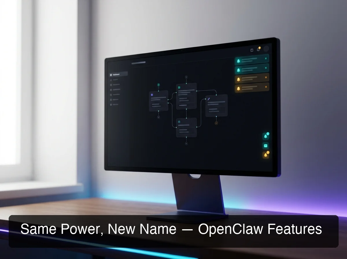 OpenClaw features showing moltbot openclaw automation dashboard with messaging platform integrations