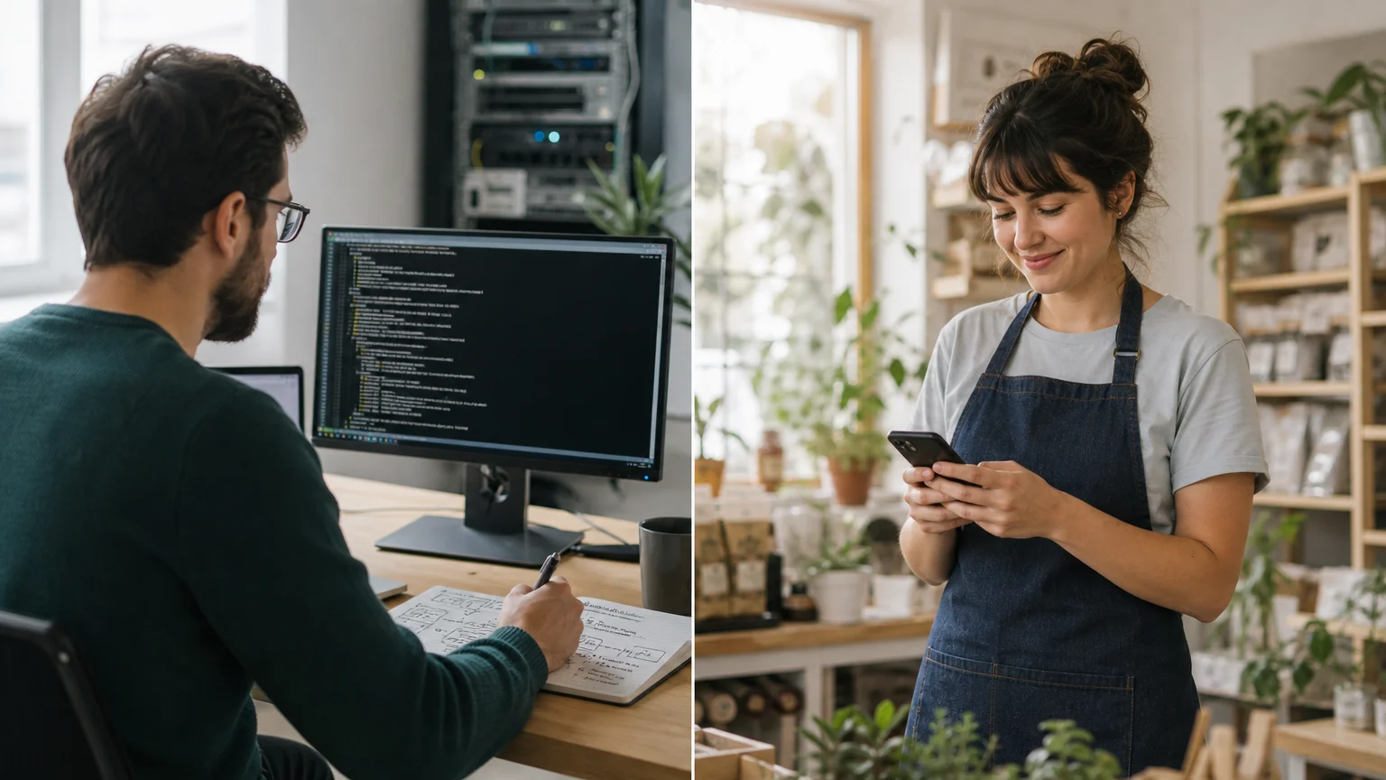 Developer self-hosting an agent on the left and a business owner using a managed agent from a phone on the right
