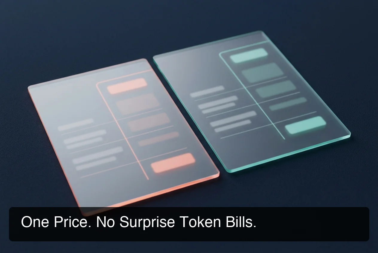 OpenClawHQ openclaw pricing plans showing one flat price vs two-part competitor billing structure, dark navy background with teal and coral highlight borders