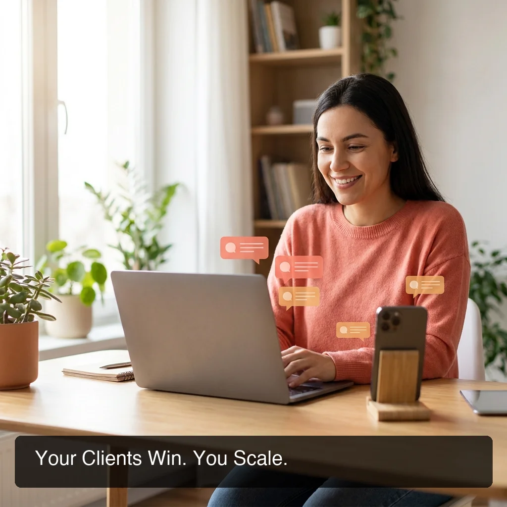 Person in a modern home office workspace with messaging app notifications visible on screen, warm indoor lighting with coral accent tones