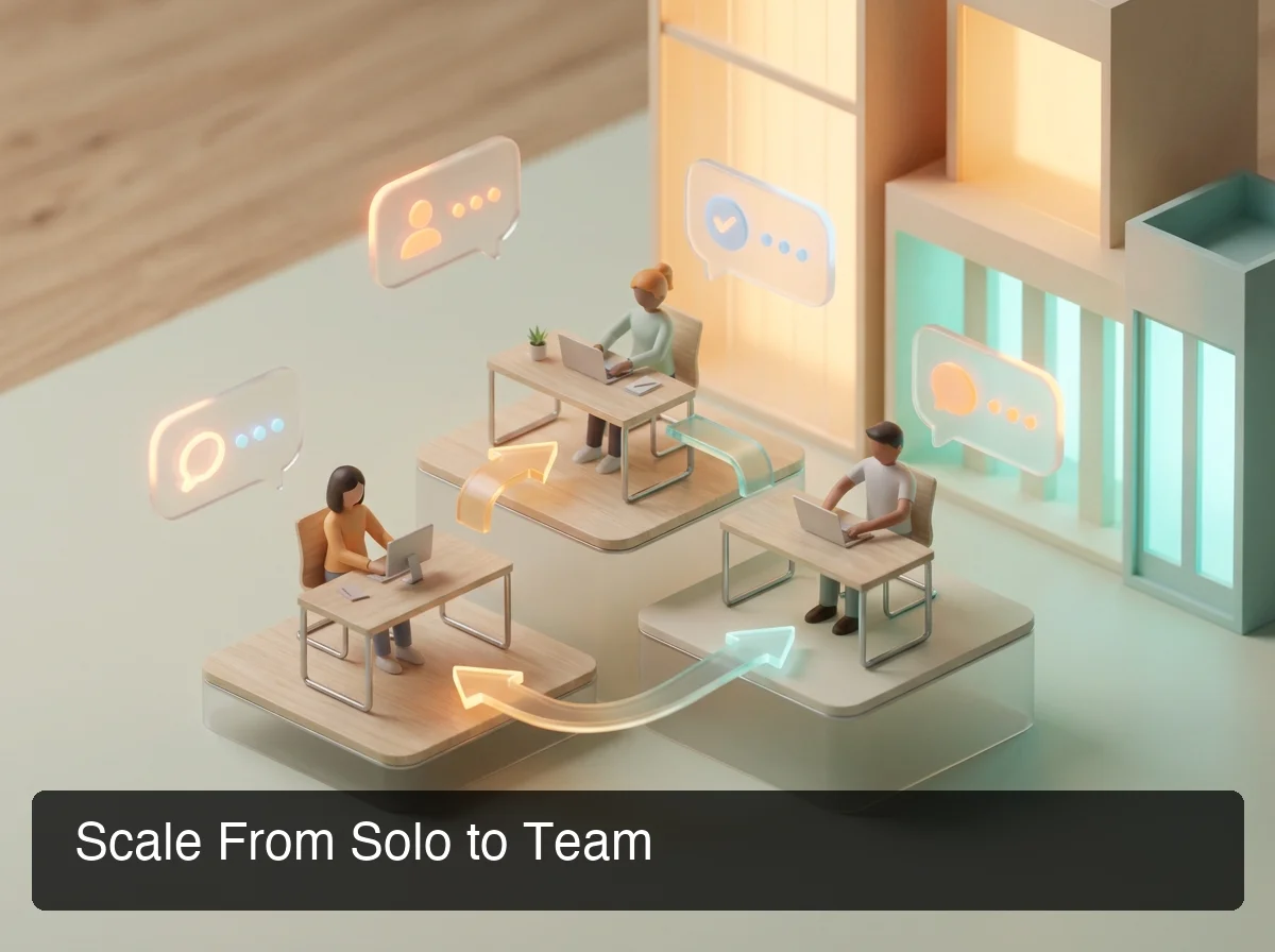 Isometric illustration of three people at connected workstations with WhatsApp, Telegram, and Discord icons floating between them