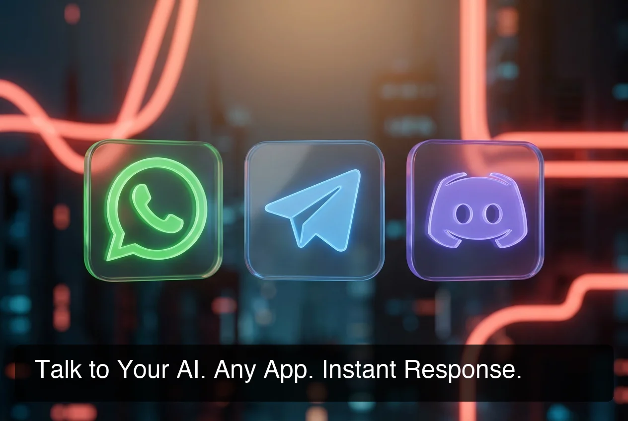 OpenClaw messaging platform support showing WhatsApp, Telegram and Discord logos on dark cyberpunk background with neon coral accents