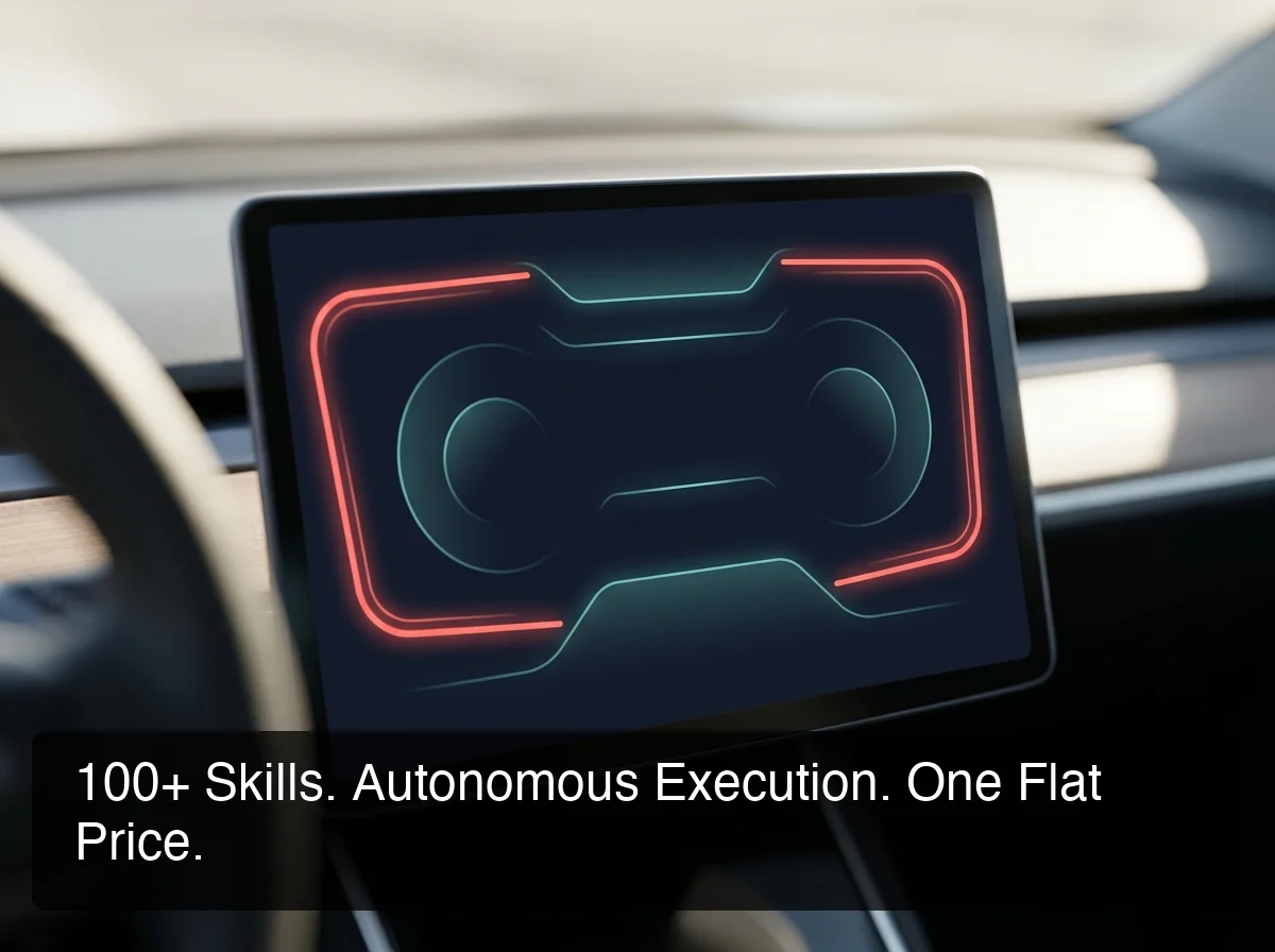 OpenClaw skills dashboard UI showing glowing minimal interface with teal accent lines and 100+ autonomous capabilities ready to activate