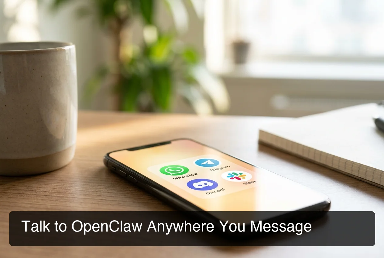 OpenClaw interface messaging platform connection screen showing WhatsApp, Telegram, Discord, and Slack icons