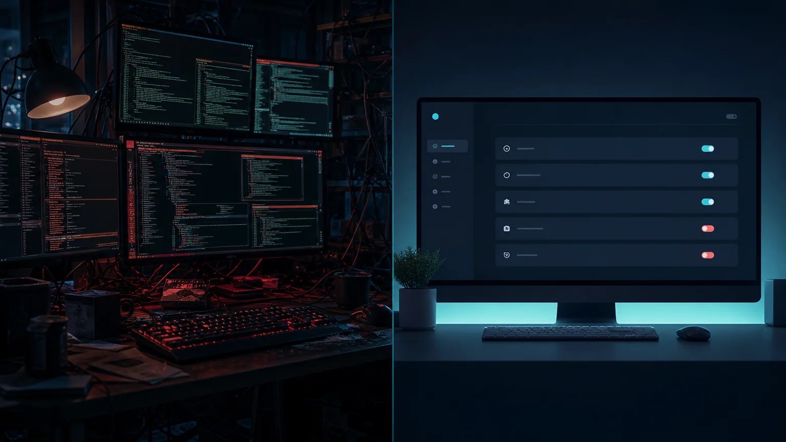 Split-screen comparison of a cluttered self-hosted terminal setup next to a clean managed dashboard interface