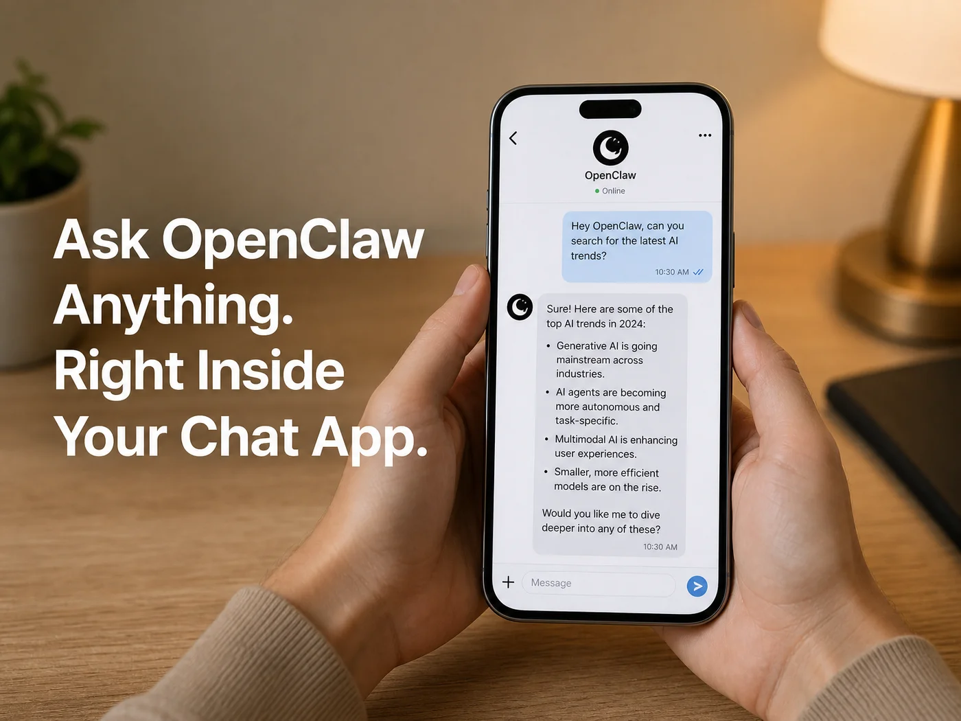 A phone chat where a user asks OpenClaw to search for the latest AI trends and receives a bulleted reply