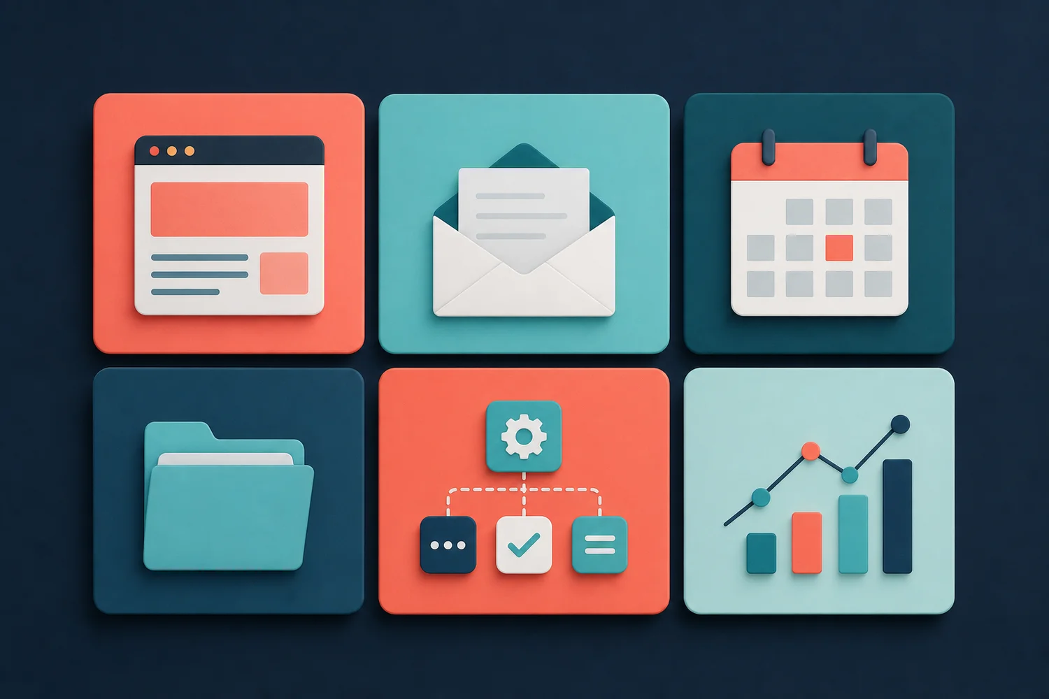 OpenClaw skill categories shown as a grid of web, email, calendar, file, automation and analytics blocks on a dark navy background