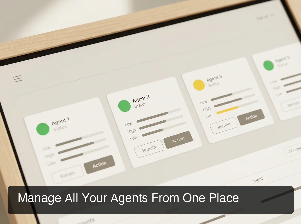OpenClaw agent management interface showing multiple agent status cards with performance metrics and action buttons