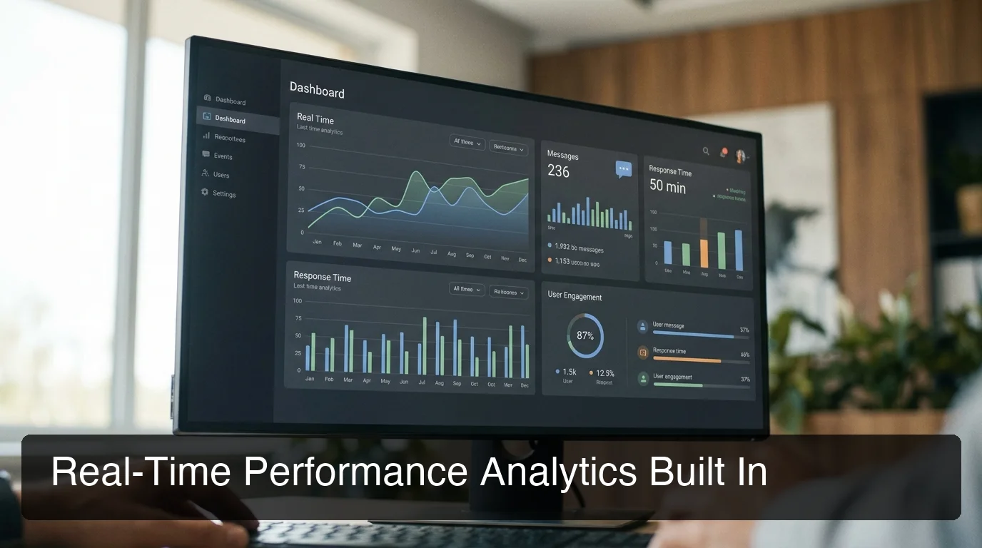 Real-time analytics dashboard showing line charts for message counts, response times, and user engagement over time