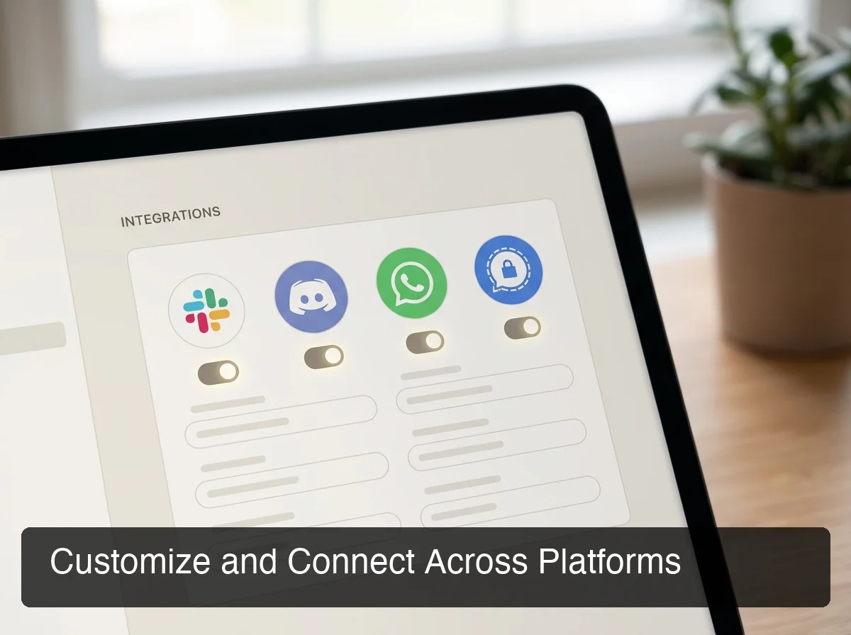 Customization panel showing Slack, Discord, WhatsApp, and Signal platform icons with configuration toggles and integration settings