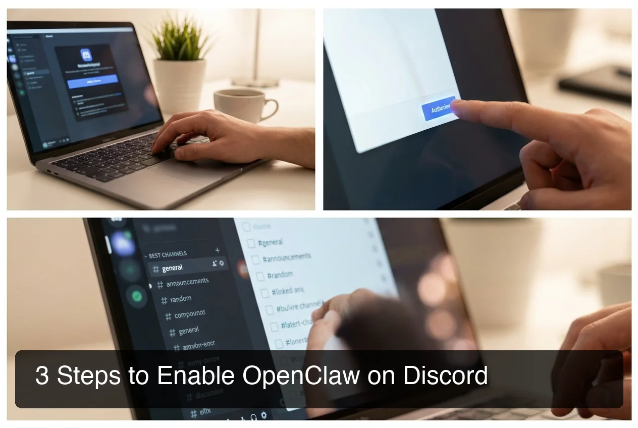 Step-by-step visual guide showing how to connect OpenClaw to a Discord server using OpenClawHQ's no-code dashboard
