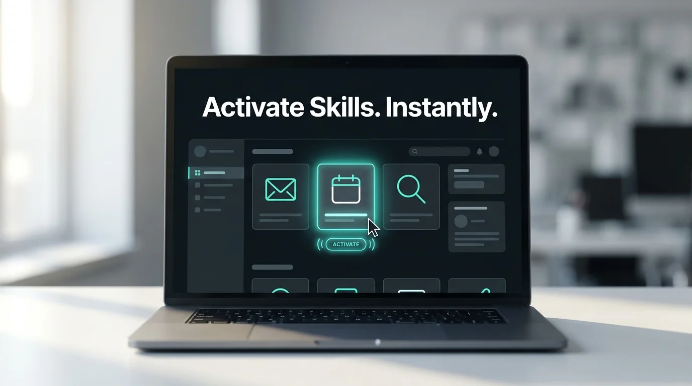OpenClawHQ dashboard skills library with a user activating a skill, shown in dark mode with teal highlights