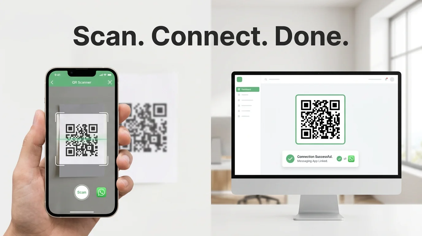 OpenClawHQ WhatsApp QR code setup step showing the phone scanner alongside the dashboard connection screen
