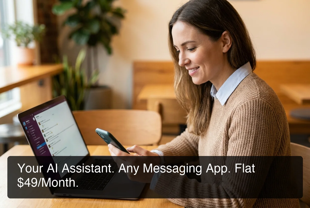 Business owner using OpenClaw without technical knowledge on a laptop with WhatsApp open, flat $49/month plan