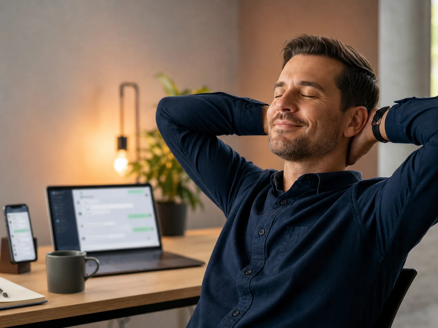 Consultant relaxing at a desk after launching an OpenClawHQ instance connected to messaging apps