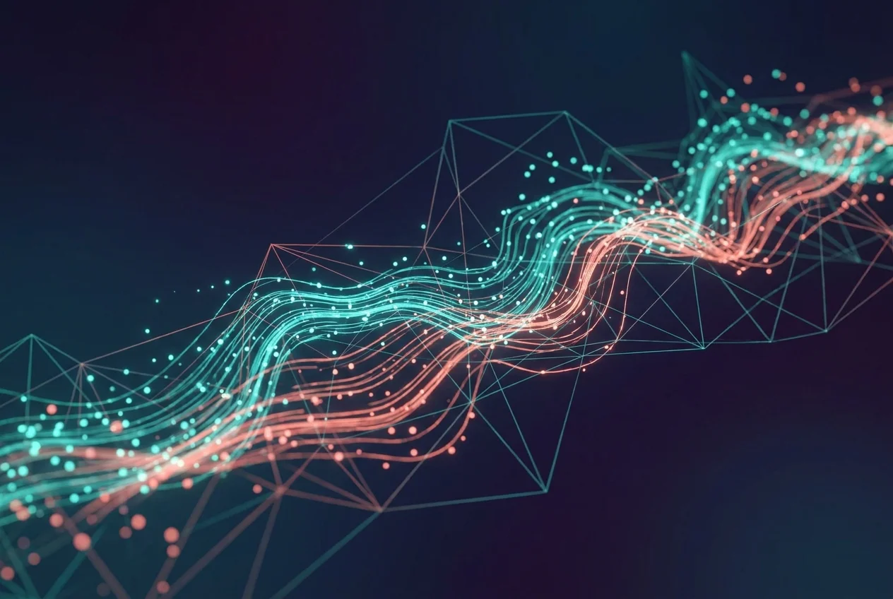Abstract visualization of email sequences flowing through an automated network with teal data connectors