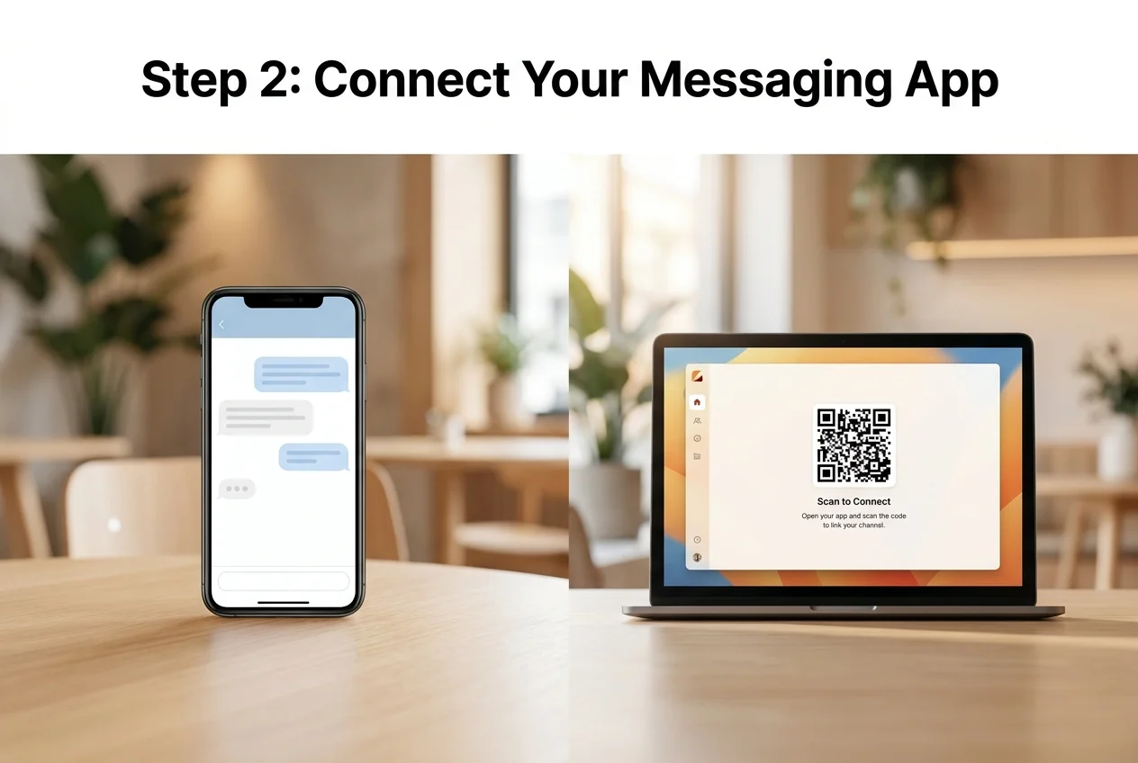 Split-screen showing a messaging app alongside the OpenClawHQ dashboard QR code used to connect a channel