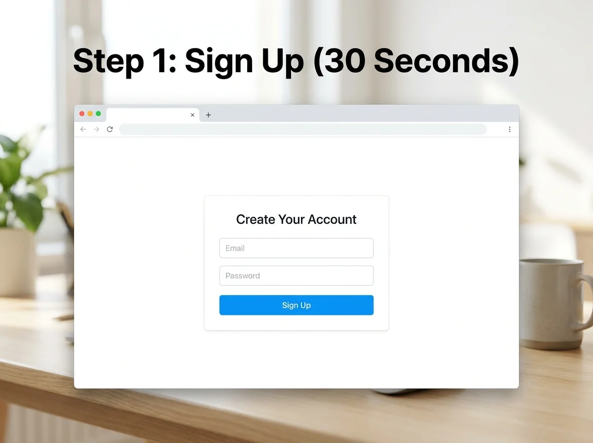 OpenClawHQ signup screen for non-technical setup showing the email and password form
