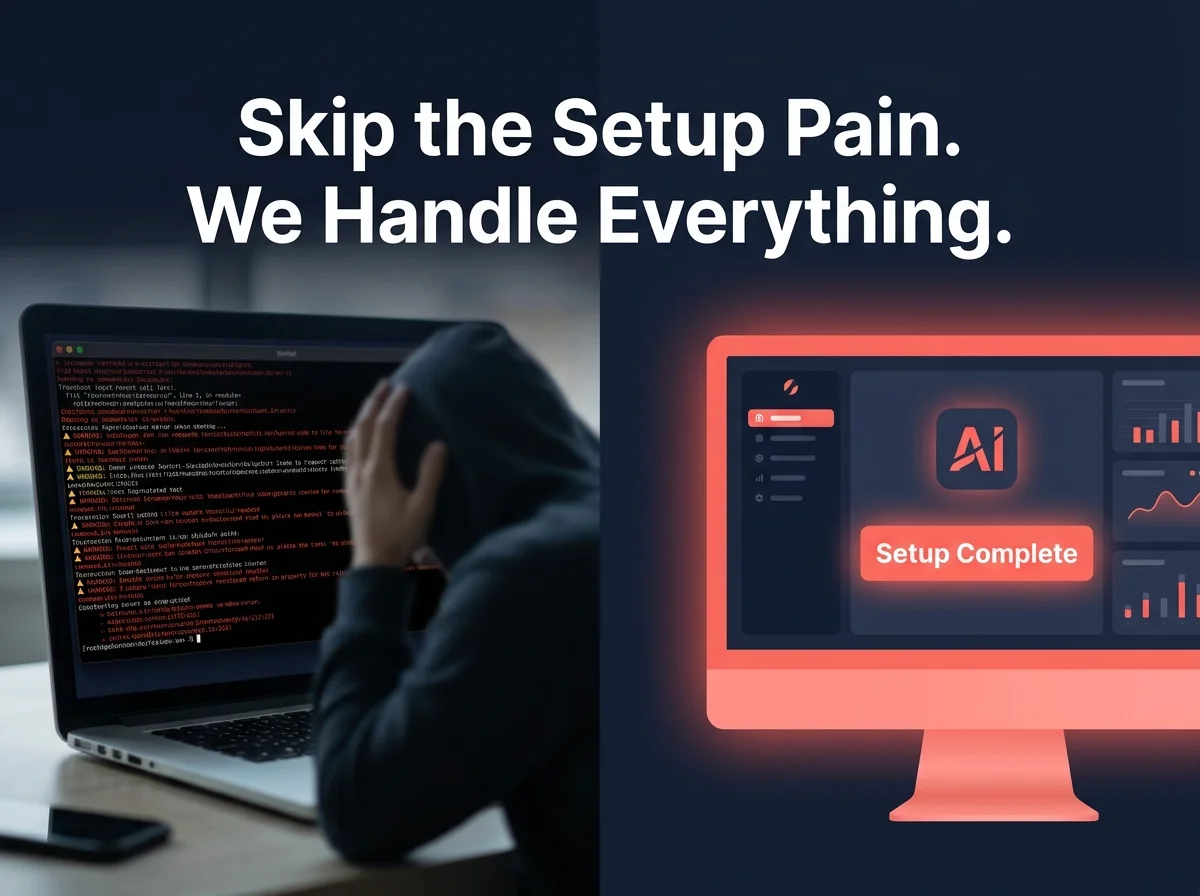 Cluttered self-hosting terminal errors next to a clean OpenClawHQ fully managed openclaw hosting dashboard