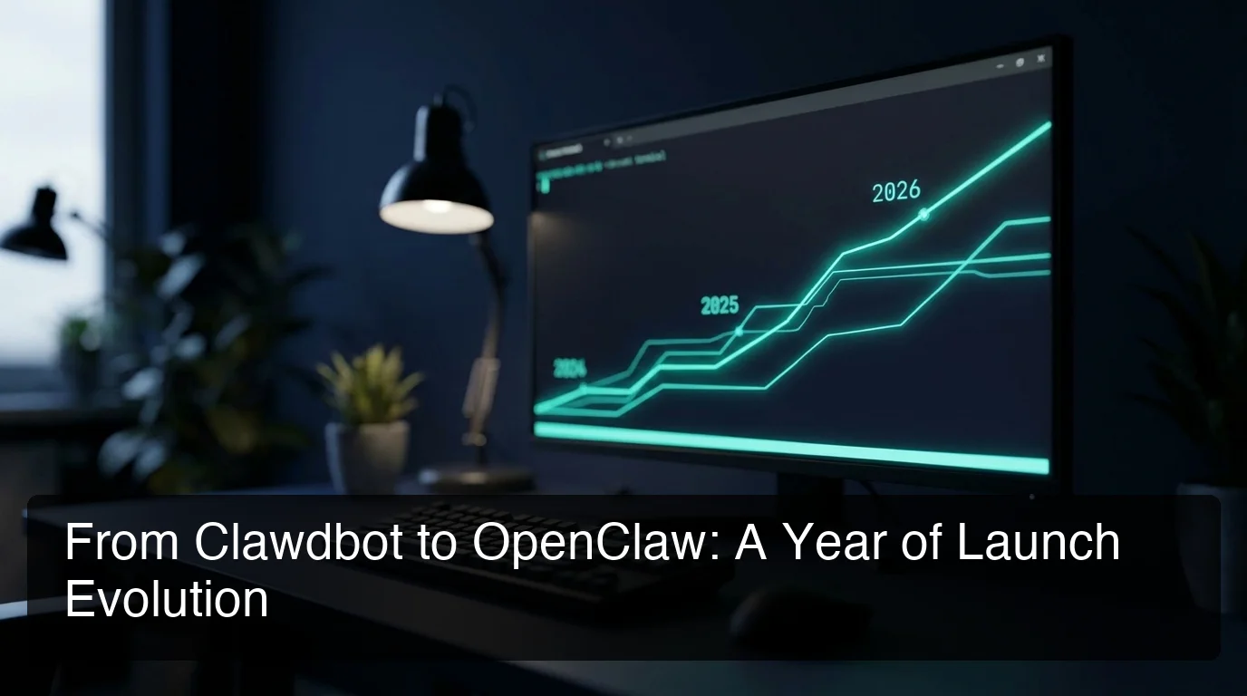 OpenClaw launch timeline graphic tracing Clawdbot, Moltbot, and OpenClaw across a dark terminal screen