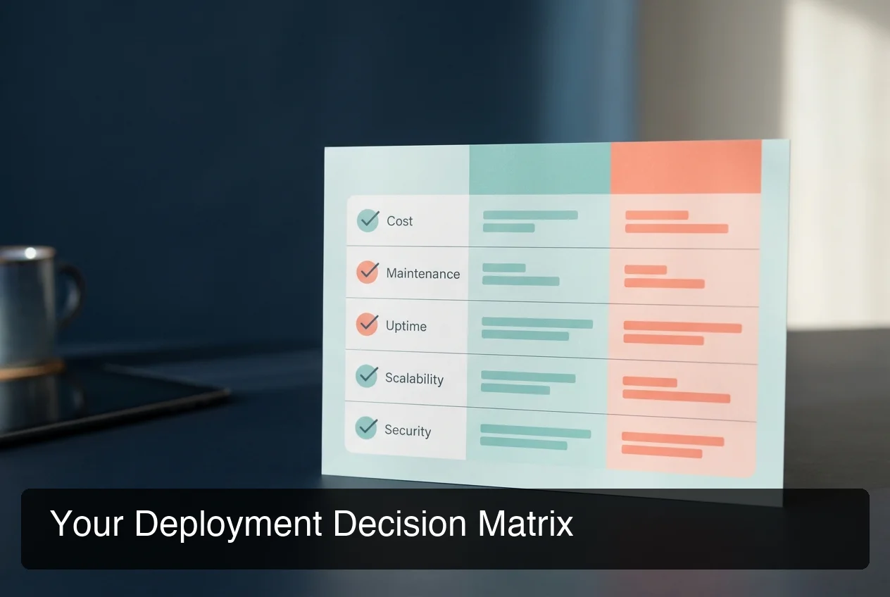 OpenClaw deployment decision matrix showing comparison across cost, maintenance, uptime, and scalability
