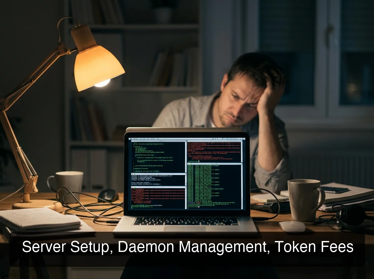 Developer at laptop looking frustrated with multiple terminal windows open showing server configuration and Node.js errors