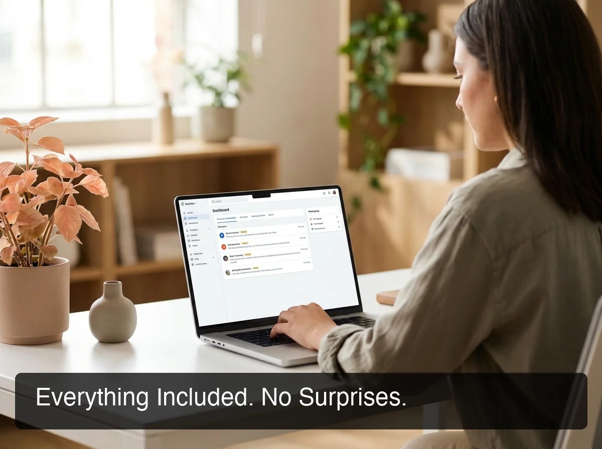 OpenClaw plan features showing person at professional desk with dashboard notifications for unlimited messaging