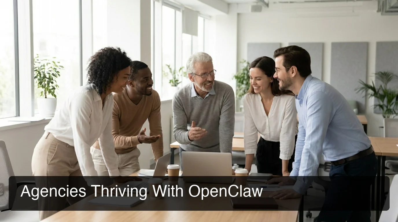Agencies thriving with OpenClaw showing diverse professional team collaborating in a modern office