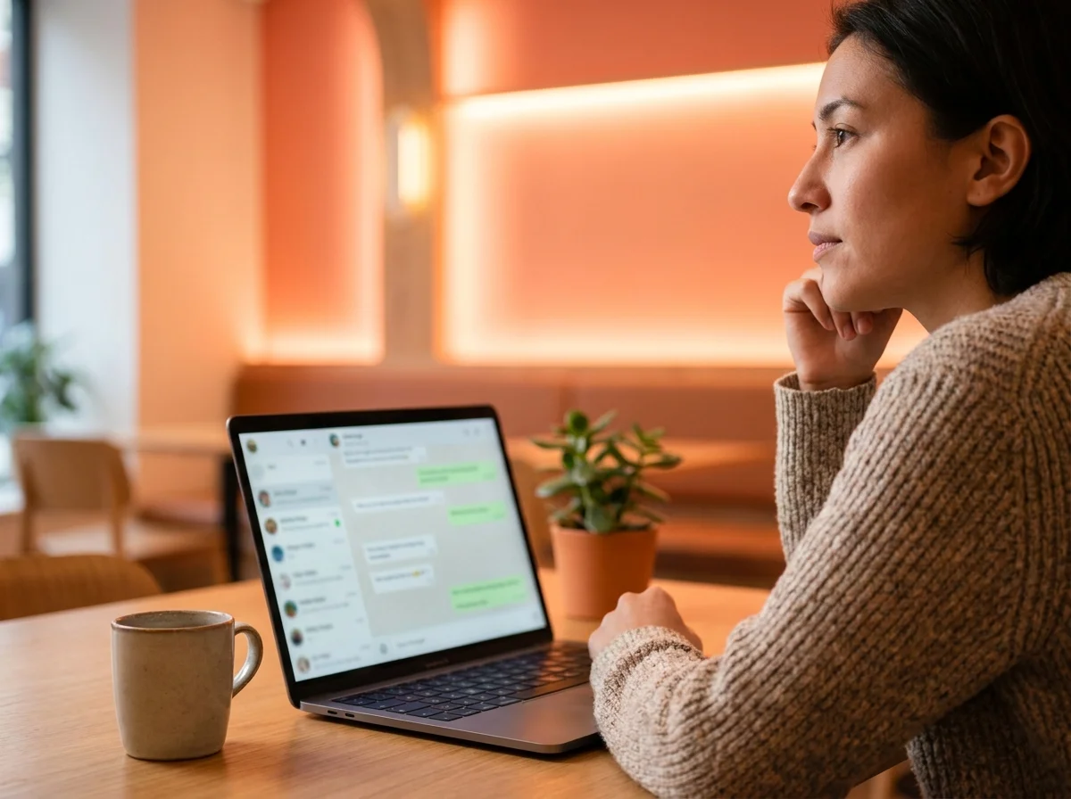 Business owner reviewing OpenClawHQ's flat pricing on a laptop with a WhatsApp conversation visible on screen