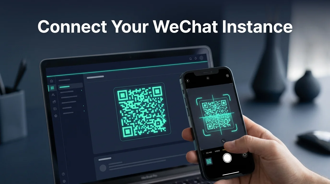 OpenClawHQ dashboard QR code connection screen shown next to a phone completing the WeChat pairing step