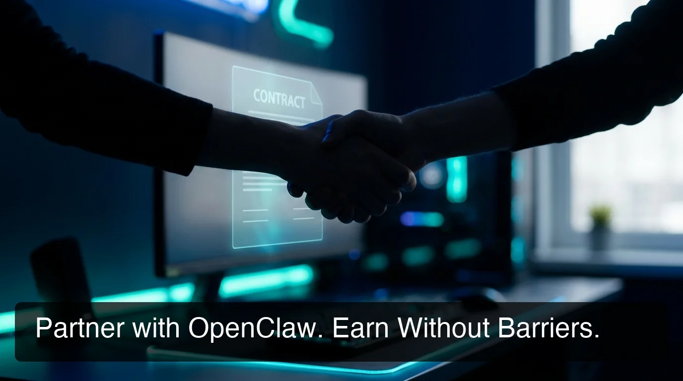 openclawhq affiliate program partner workspace with neon teal accents and deep navy background, cyberpunk aesthetic