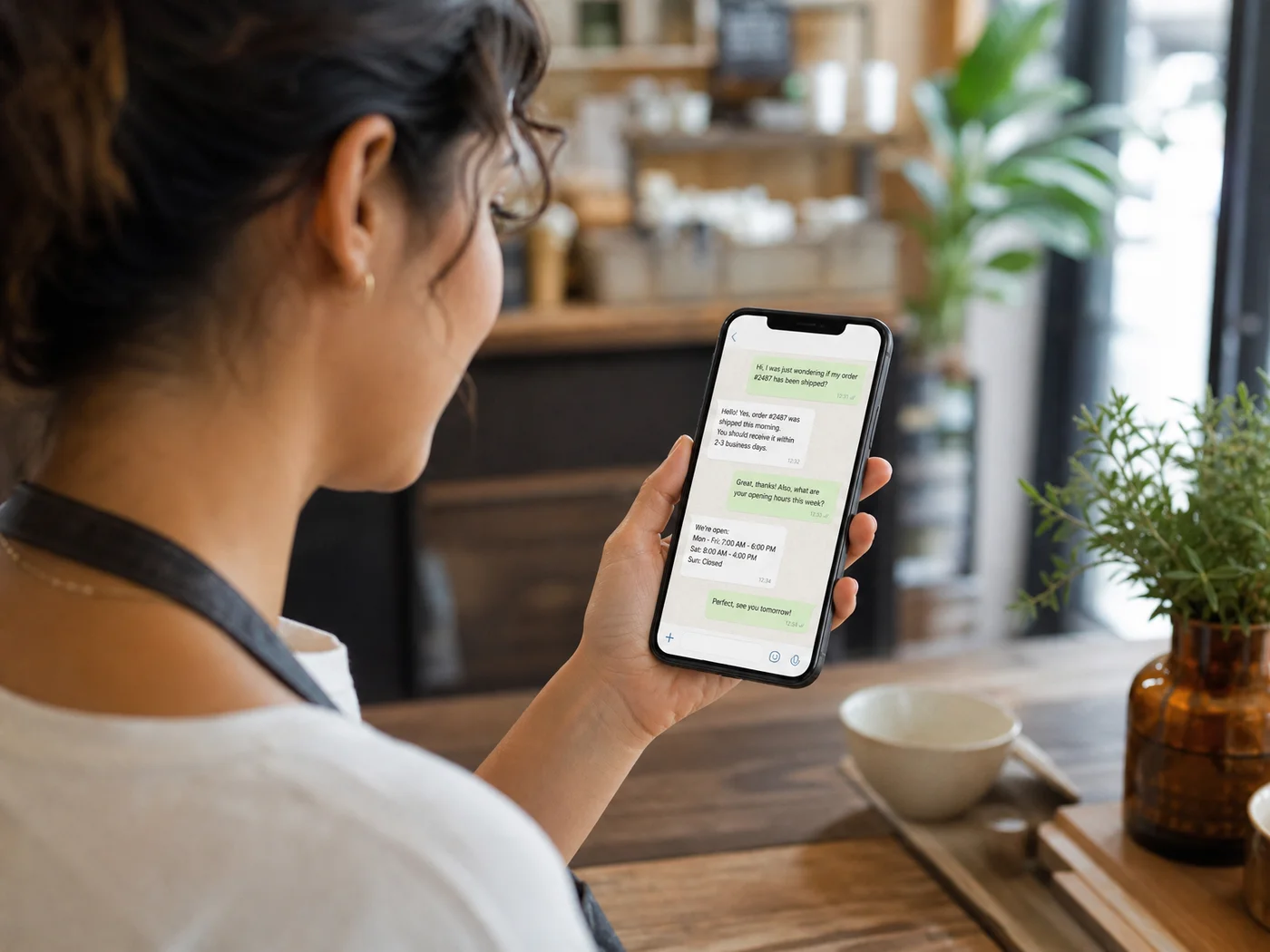 A business owner reading a WhatsApp chat where an AI agent confirms an order shipment and the shop's opening hours